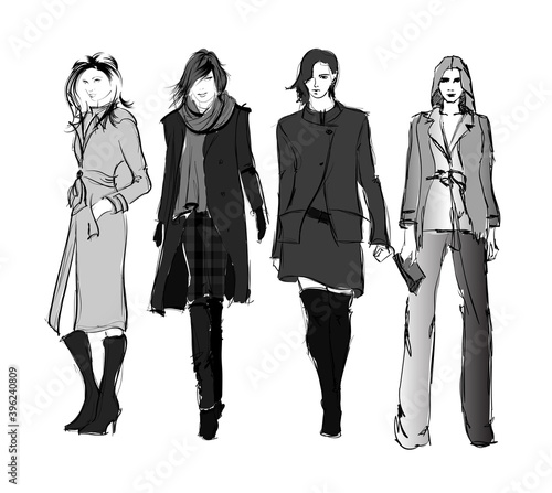 Beautiful young women in modern style.. Hand drawn stylish woman portrait. Fashion lady. Autumn outfit. Sketch set. Fashion model posing in coat. Hand drawn fashion woman.