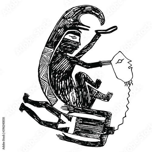 Scene of decapitation. Indian warrior and his prisoner victim. Native American art. Mimbres pottery motif. Hand drawn rough sketch. Black and white silhouette.