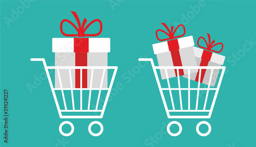White gift box with satin flying for the holiday: New Year, Christmas, birthday. Vector 2d illustration, set of icons such as gift, discount, promotion, packaging, shopping trolley.