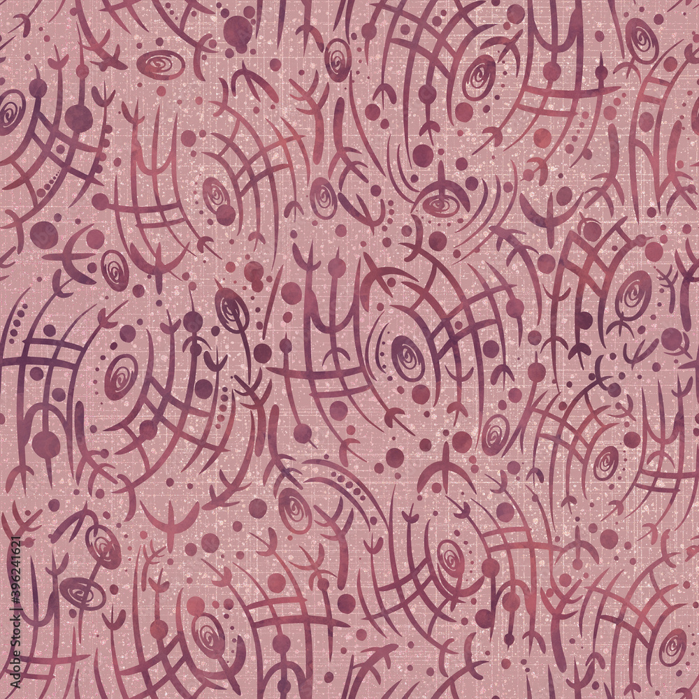 Fototapeta premium Abstract seamless pattern. Dark purple on dusty pink. Watercolor splashes on pattern. Fabric texture with pink glitter splatter and threads on the background. (pattern: sp02a)