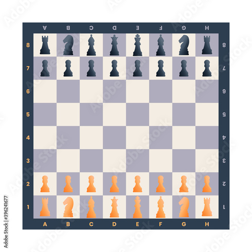 Vector chessboard with chess pieces, illustration of chess board and chessmen isolated on white background