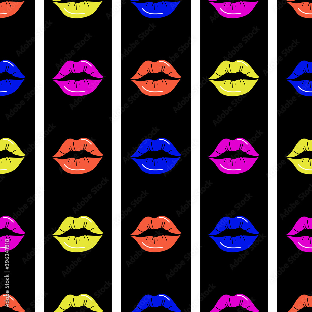 Lips seamless pattern. Red lips on a black and white striped background. Design for printing, textiles, wrappers, Valentine's Day. Vector Lips seamless pattern. Red lips on a black and white striped background. Design for printing, textiles, wrappers, Valentine's Day. Vector