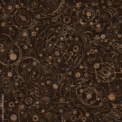 Abstract seamless pattern. Beige on brown. Watercolor splashes, golden glittery splatter and threads on pattern. Fabric texture on the background. Symbols, cosmos. (pattern: sp06a)