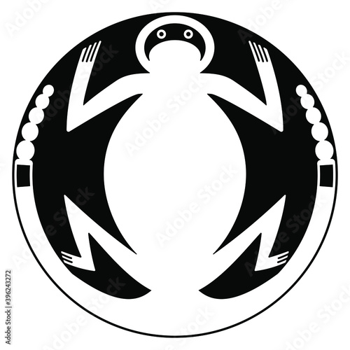 Fantastic stylized frog or toad. Round ethnic animal ornament. Native American Mimbres pottery motif. Black and white silhouette.