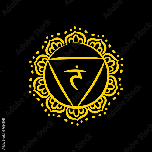 Fototapeta Naklejka Na Ścianę i Meble -  Manipura sketch icon. The third sun chakra. Vector yellow line symbol. Sacral sign. Meditation