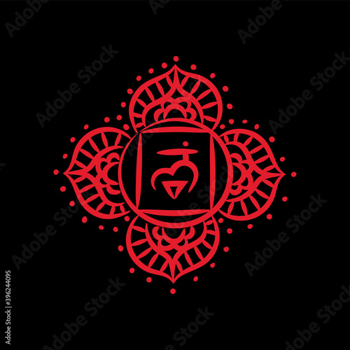 Chakras: muladhara, swadhisthana, manipura, anahata, vishuddha, ajna, sahasrara. Vector line symbol. Om sign. Sacral icon. Meditation