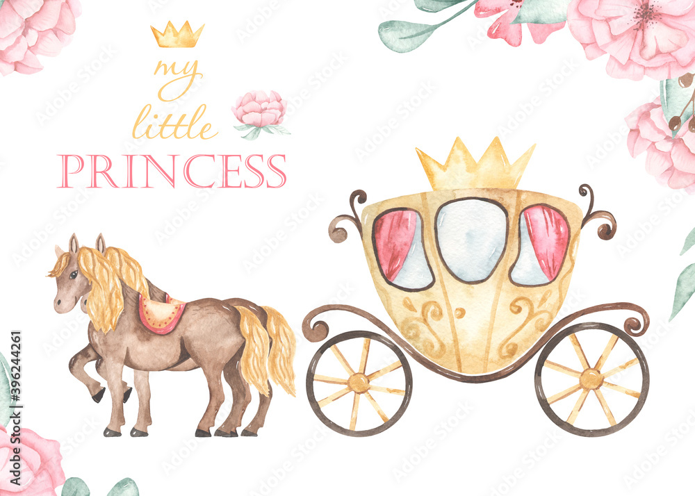 Watercolor card with princess carriage, horses, peony flowers and roses my little princess