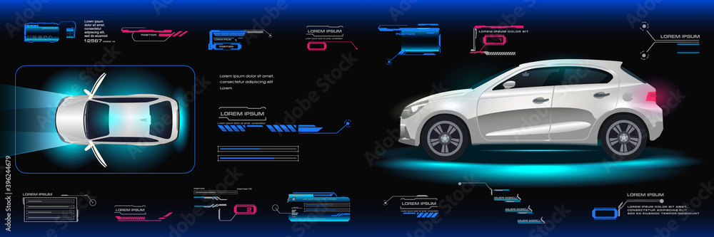 Car user interface HUD, GUI, UI. Virtual graphical interface. Holographic panel with car with city electric car. Car with options and settings. Vector car