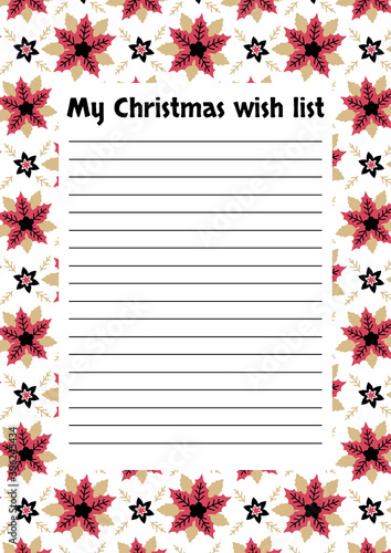 Christmas Wish List design template. Vector illustration. Hand drawn decor from holiday background. Printable design