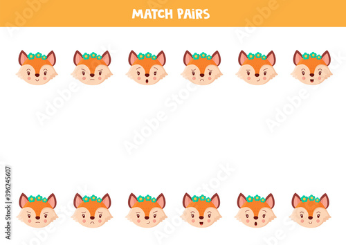 Matching pairs of cute foxes. Educational worksheet.