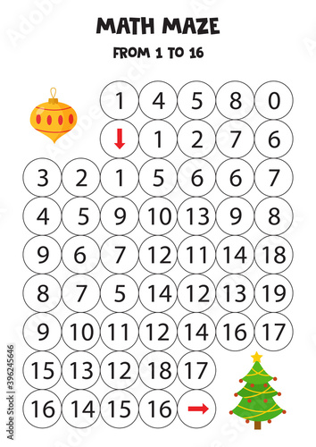Mathematical worksheet with Christmas tree and bauble.