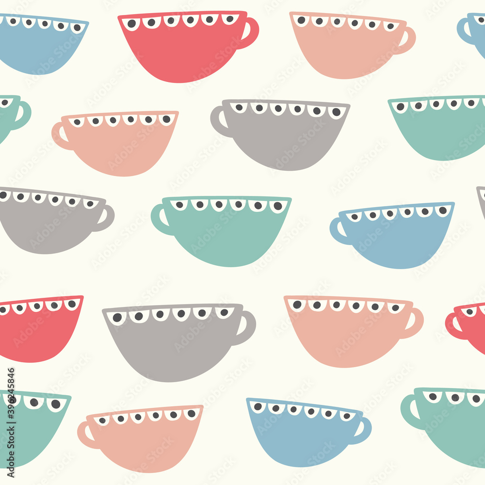 Cup pattern background. Retro style seamless repeat of coffee and tea cups, tableware vector illustration.