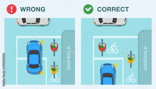 Driving a car. Advanced stop lines rule. Do not encroach on the cyclists waiting area. Top view of a sedan car and cyclists on a bicycle. Flat vector illustration template.