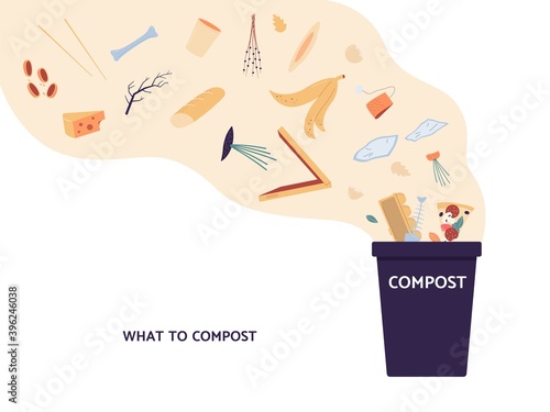 Banner showing what waste to compost, flat vector illustration isolated.