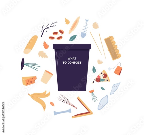 Compost bin with symbols of organic waste flat vector illustration isolated.