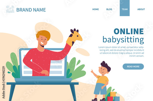 Virtual sitter, online babysitting service, remote teaching concept. Entertaining the kids via internet. Virtual lessons, break for parents. Vector illustration, modern flat style