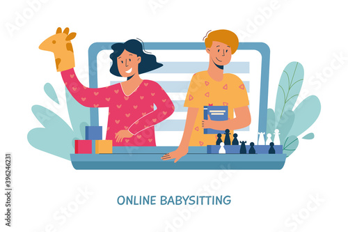 
Virtual sitter, online babysitting service, remote teaching concept.Entertaining the kids via internet.Chess lessons and games.Friendly tutors on your notebook.Vector illustration, modern flat style