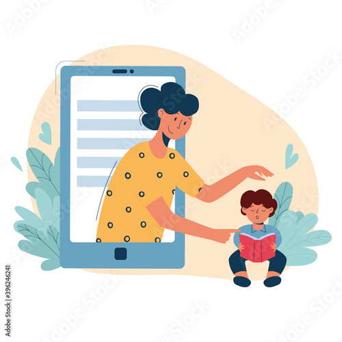 Virtual sitter, online babysitting service, remote teaching concept. Entertaining the kids via internet. Friendly female nanny on your phone.Vector illustration, modern flat style