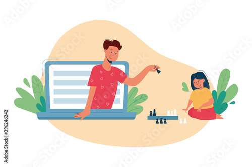 Virtual sitter, online babysitting service, remote teaching concept. Entertaining the kids via internet. Chess lessons and games. Vector illustration, modern flat style