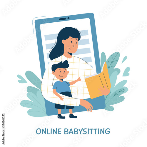 Virtual sitter, online babysitting service, remote teaching concept. Entertaining the kids via internet. Friendly female nanny on your phone.Vector illustration, modern flat style
