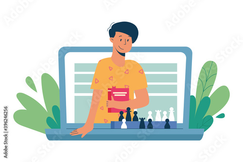 Virtual sitter, online babysitting service, remote teaching concept. Entertaining the kids via internet. Chess lessons and games. Vector illustration, modern flat style
