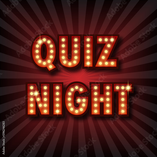 Quiz night announcement poster. Vintage styled light bulb box letters shining on dark background. Questions team game for intelligent people. Vector illustration, glowing electric sign in retro style.
