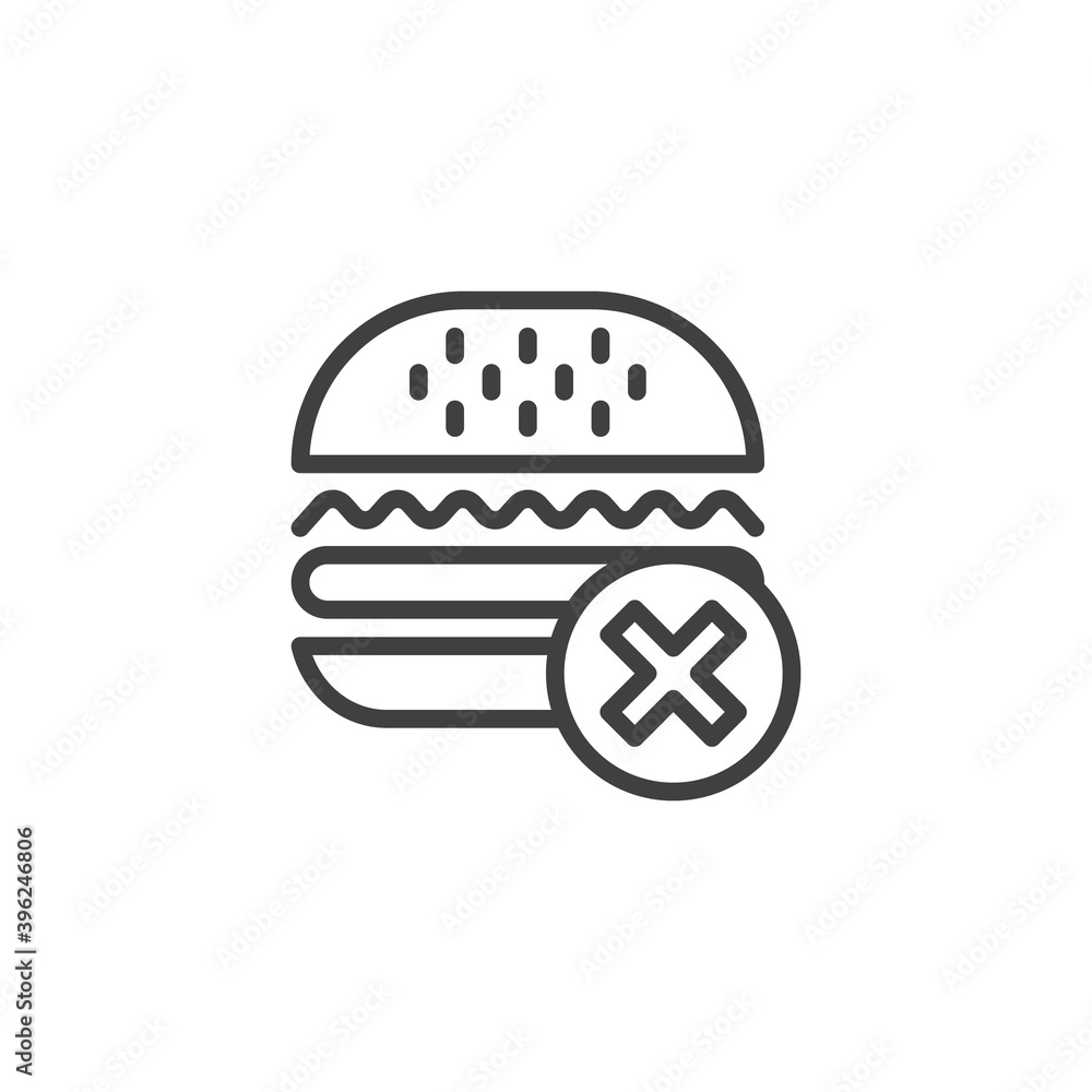 No burger line icon. linear style sign for mobile concept and web design. No fast food allowed outline vector icon. Symbol, logo illustration. Vector graphics No burger line icon. linear style sign for mobile concept and web design. No fast food allowed outline vector icon. Symbol, logo illustration. Vector graphics