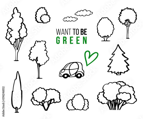 Simple tree doodle vector set. Forest green concept. City park car sketch. Hand drawn line icon. Auto transport co2 exhaust illustration. Black outline tree. Abstract gas pollution view. Eco car fuel