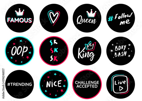 Birthday topper round circle shape. Youth teens party props. Modern glitch social media birthday celebration design. Icon fashion photo booth. Black blue pink sticker on white background.