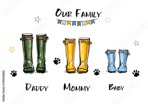 Happy home family concept. Different colors wellies collection. Rubber boots autumn fall concept. Vector illustration in watercolor style. Decoration family card and poster on white background.