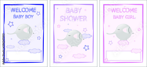 Set of postcards with a baby elephant for birth. Baby shower. Welcome baby boy. Welcome baby girl. Vector