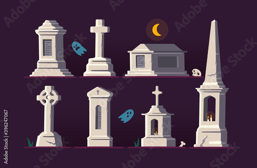 Cemetery with crosses and tombstones. Crypt. Ghost. The skull and bones. Vector illustration.