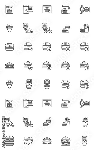 Online food delivery line icons set. linear style symbols collection, outline signs pack. Fast food menu vector graphics. Set includes icons as burger, sandwich, drinks, french fries, delivery bike