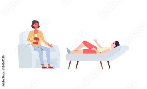 Psychologist and patient in therapy session - cartoon therapist listening