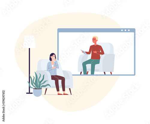Woman on psychologist online distance consultation, flat vector illustration. © sabelskaya