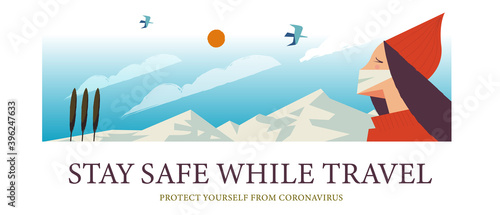 Stay safe while traveling. Vector poster encouraging people to wear masks.