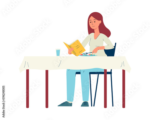 Flat isolated vector illustration of female literature fan reading an interesting book.