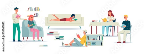 People literature lovers fond of reading books flat vector illustration isolated.