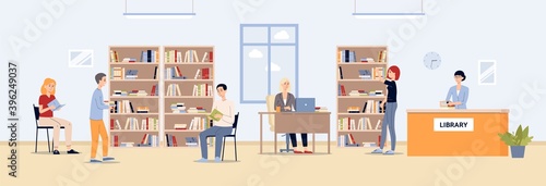 Inside furnishing of library with reading people, flat vector illustration.