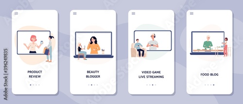 Mobile app pages screens with online video tutorials a set of vector illustrations