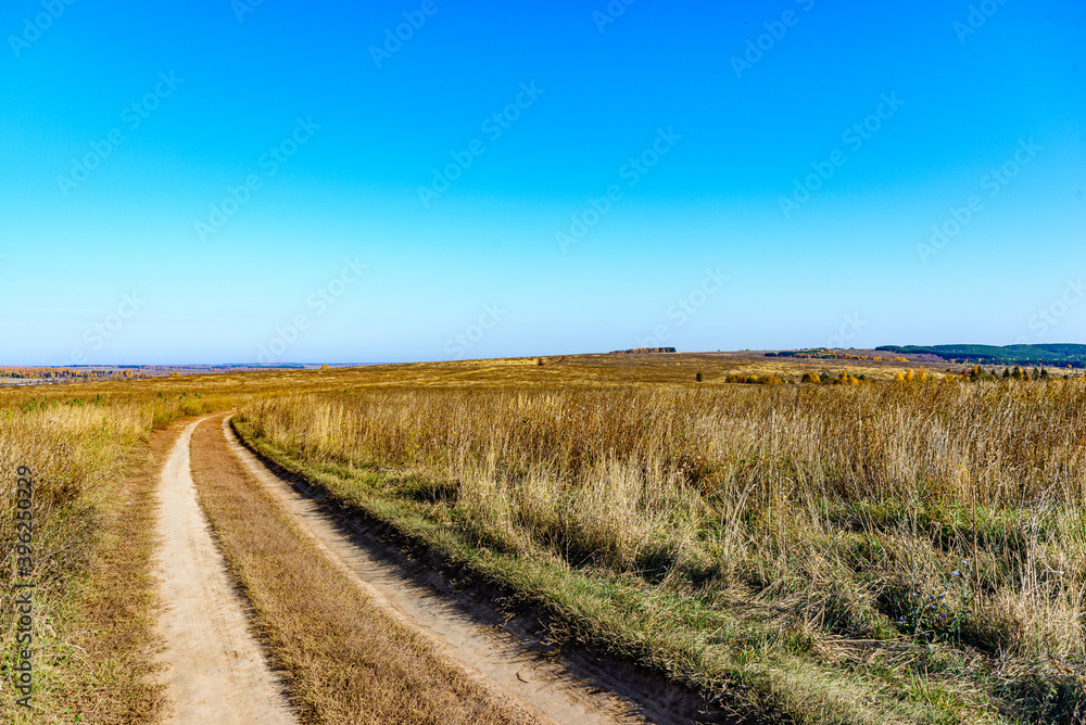 The dirt road goes into the distance through an autumn field against a clear blue sky