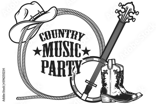 Country music party. Frame from rope with cowboy boots, hat and banjo in engraving style. Design element for poster, card, banner, sign. Vector illustration