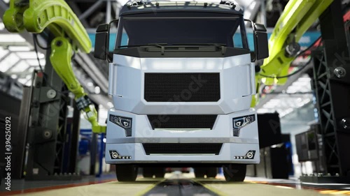 Assembly line production at the modern truck factory.