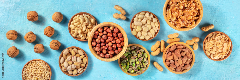 Nuts panorama on a vibrant blue background. A selection of various nuts, shot from above