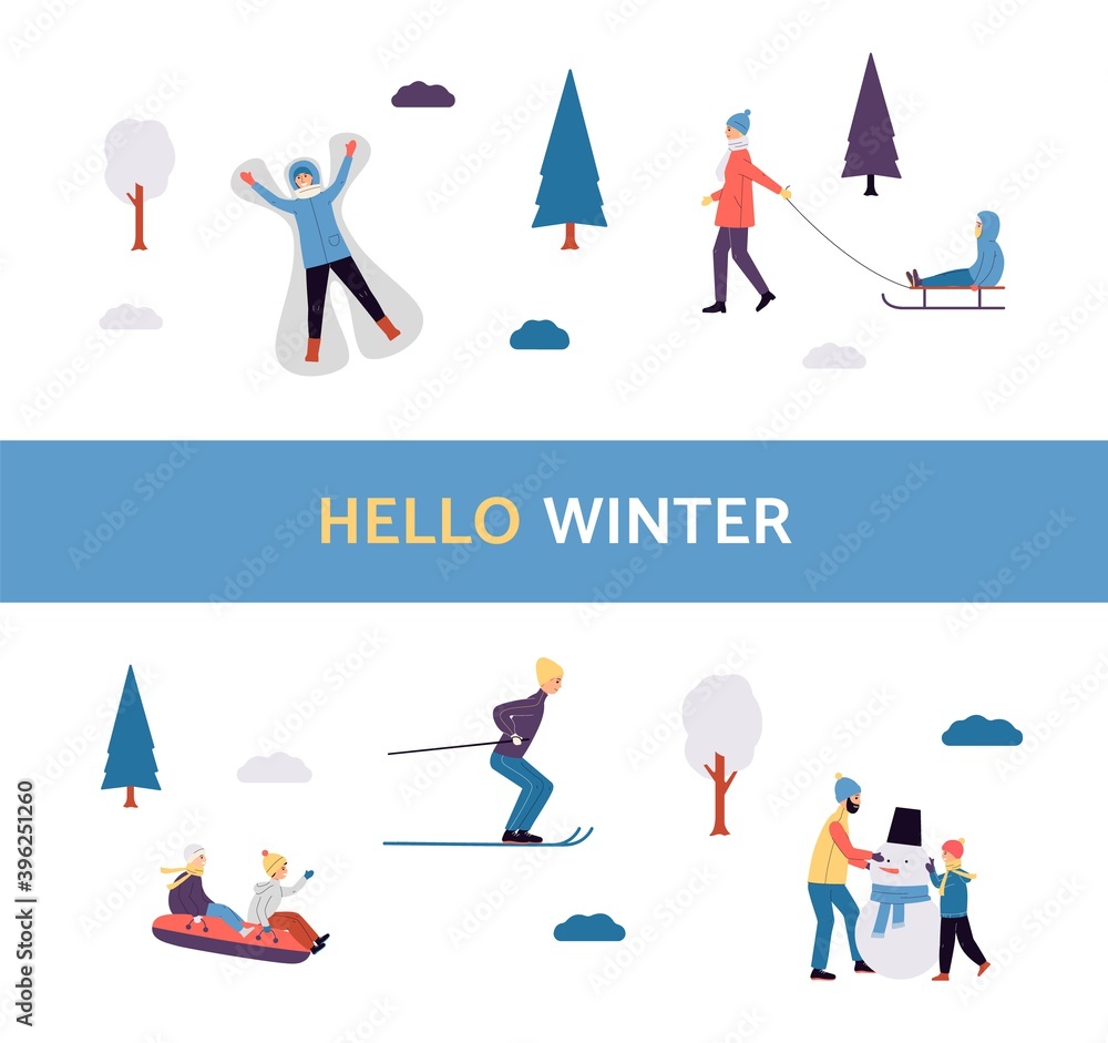 Banner with flat vector isolated illustrations of outdoor activity in the winter