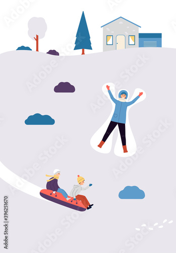 Vector flat illustration of outdoor activity of people in the winter season.