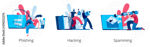 A hacker girl is engaged in phishing on a laptop. Thieves take money out of a broken computer. Spammer attacks the mail client. A set of vector illustrations on the topic of cybercrime.