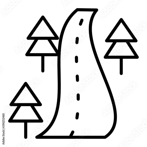 Road with Pine Tree Concept, Hiking Track Vector Icon Design, Winter Fall activities Symbol on white background, Cold Weather Sign, Wild Season Elements, 
