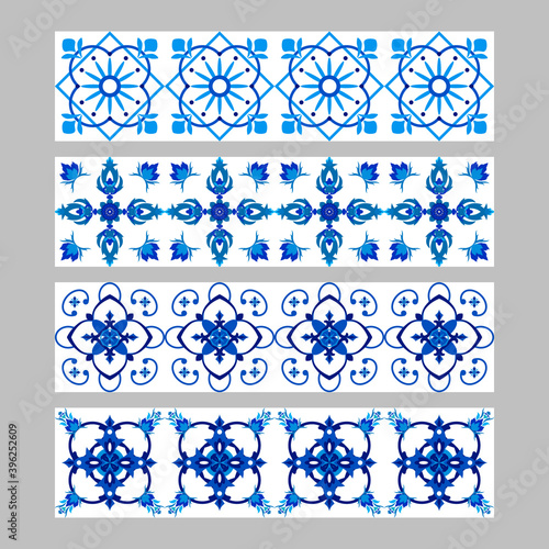 Set of azulejos portuguese traditional ornamental tile borders, blue and white pattern