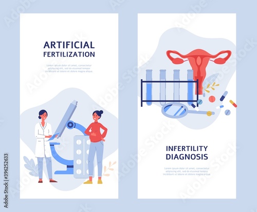 Artificial fertilization and infertility diagnosis, flat vector illustrations.